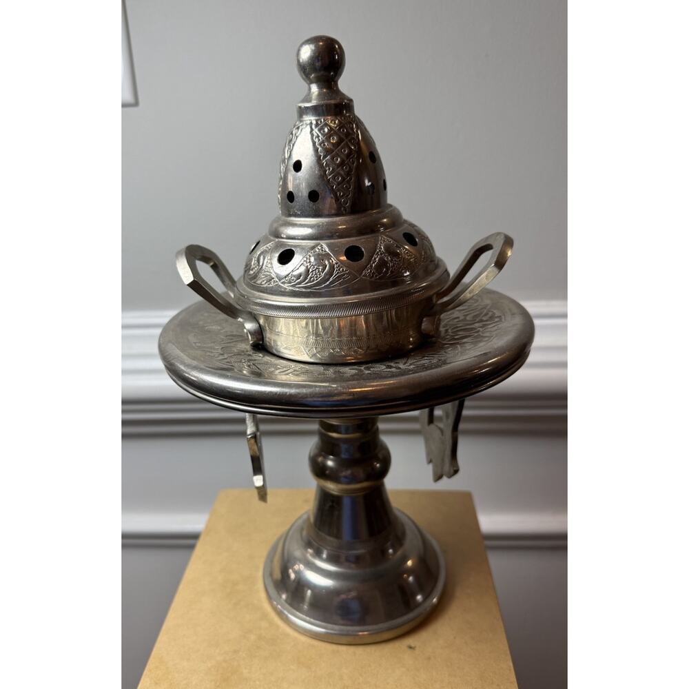 Vintage Moroccan Style Metal Incense Burner Stand 11” Pierced Lid - Picture 5 of 11